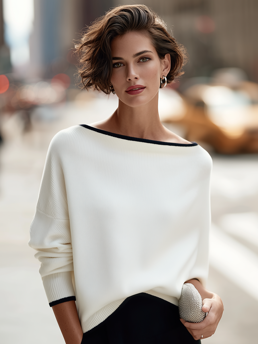 Contrast-Trim Boat-Neck Dolman Sleeve Oversized Knit Sweater