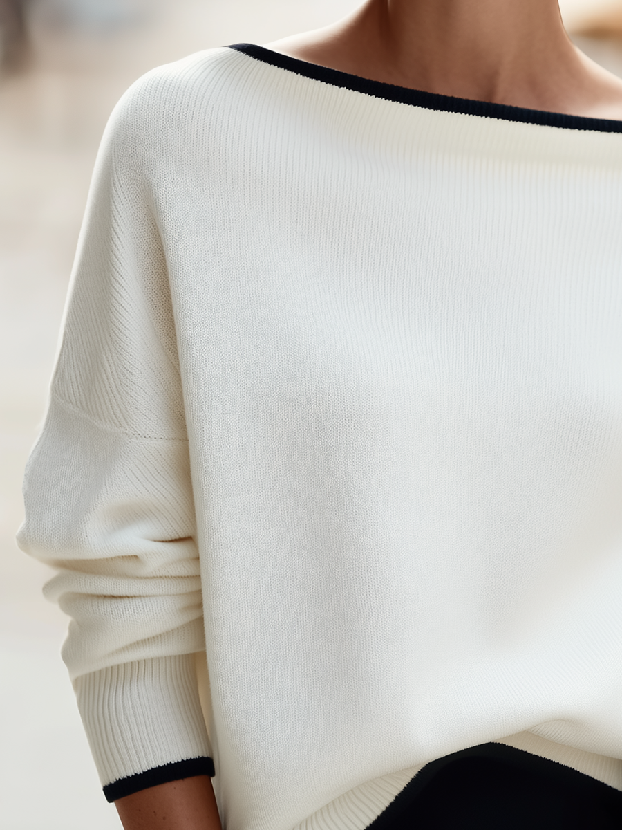 Contrast-Trim Boat-Neck Dolman Sleeve Oversized Knit Sweater