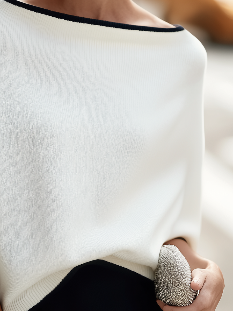Contrast-Trim Boat-Neck Dolman Sleeve Oversized Knit Sweater