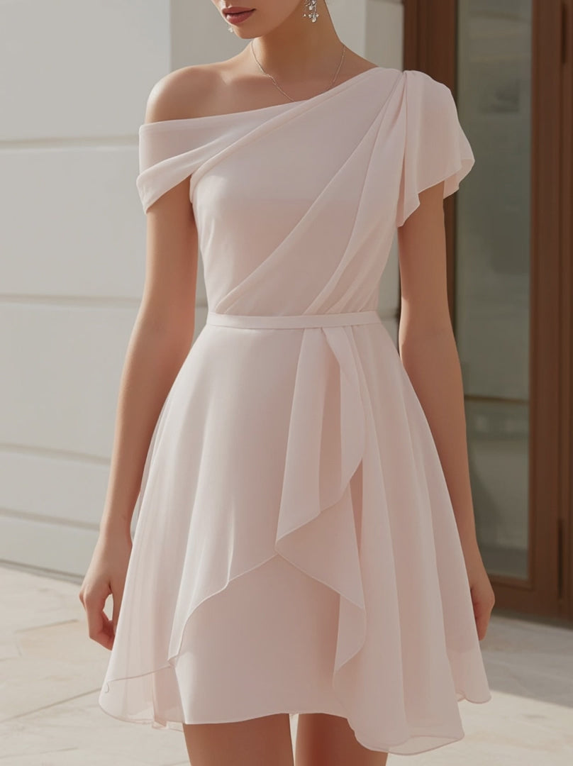 One-Shoulder Draped Chiffon A-Line Mini Dress